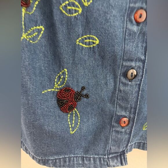 Quacker Factory Denim Beaded Lady Bug long Sleeve Button down Blouse S - Picture 3 of 10